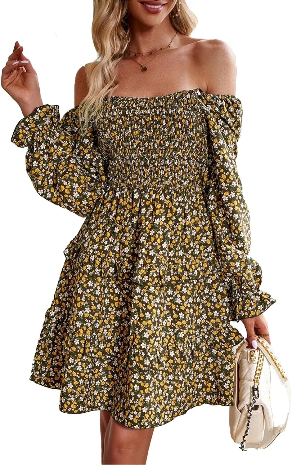 Women's Square Neck Ruffle Dress Long Sleeve Floral Tiered Dress High Waist Casual Swing Mini Dresses