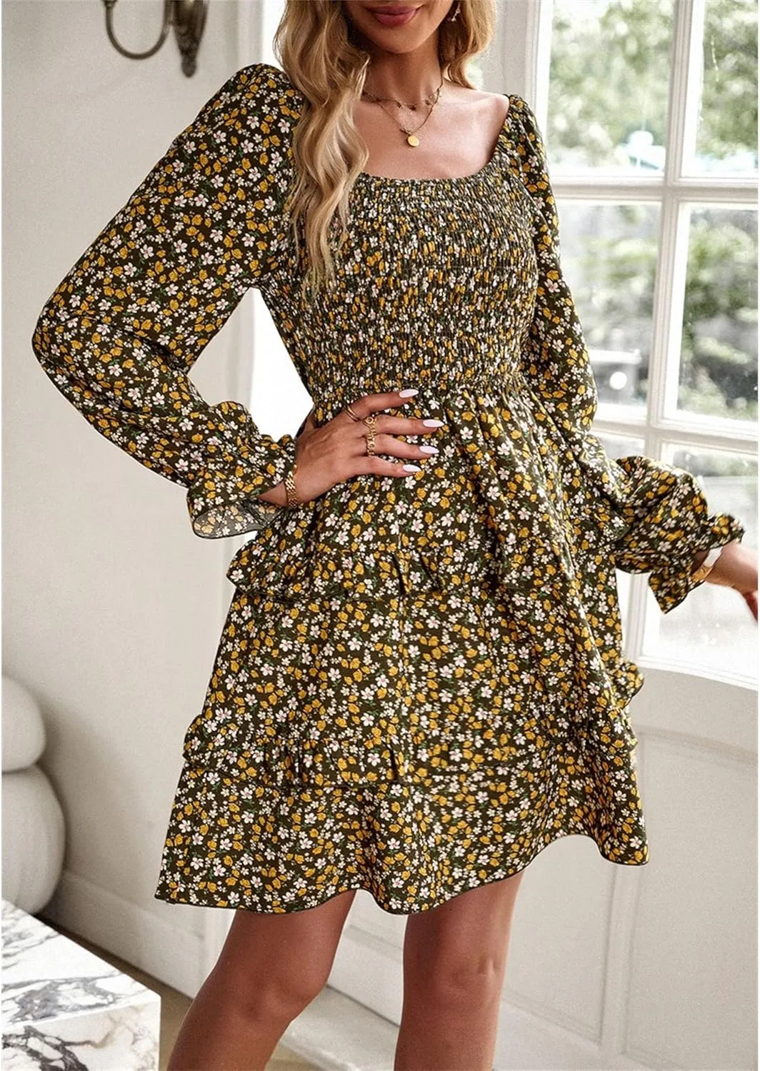 Women's Square Neck Ruffle Dress Long Sleeve Floral Tiered Dress High Waist Casual Swing Mini Dresses