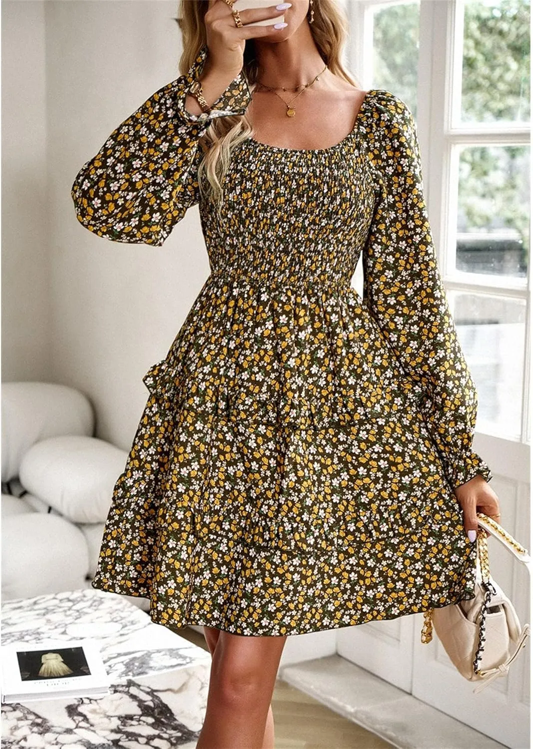 Women's Square Neck Ruffle Dress Long Sleeve Floral Tiered Dress High Waist Casual Swing Mini Dresses