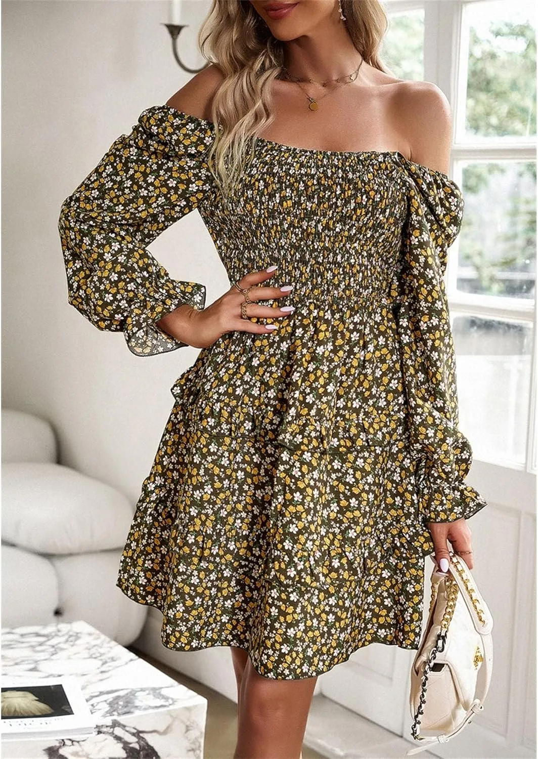 Women's Square Neck Ruffle Dress Long Sleeve Floral Tiered Dress High Waist Casual Swing Mini Dresses
