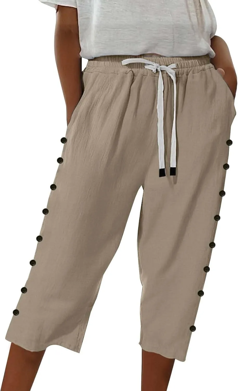 Womens Striped Linen Capri Pants High Waist Lightweight Shorts Summer 2025 Casual Ladies Pinstripe Trousers