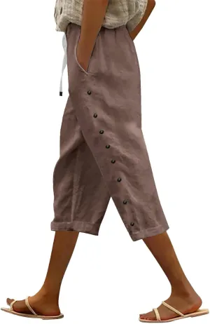 Womens Striped Linen Capri Pants High Waist Lightweight Shorts Summer 2025 Casual Ladies Pinstripe Trousers