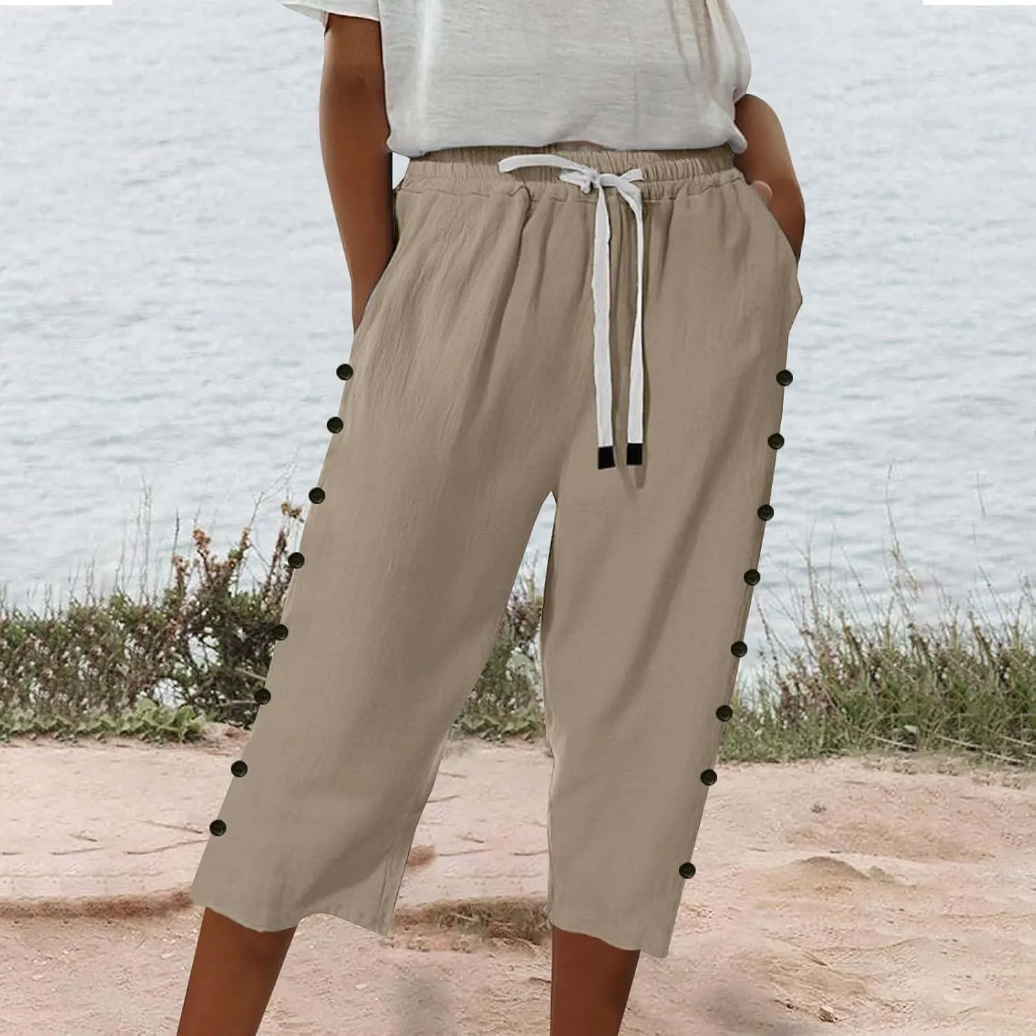 Womens Striped Linen Capri Pants High Waist Lightweight Shorts Summer 2025 Casual Ladies Pinstripe Trousers