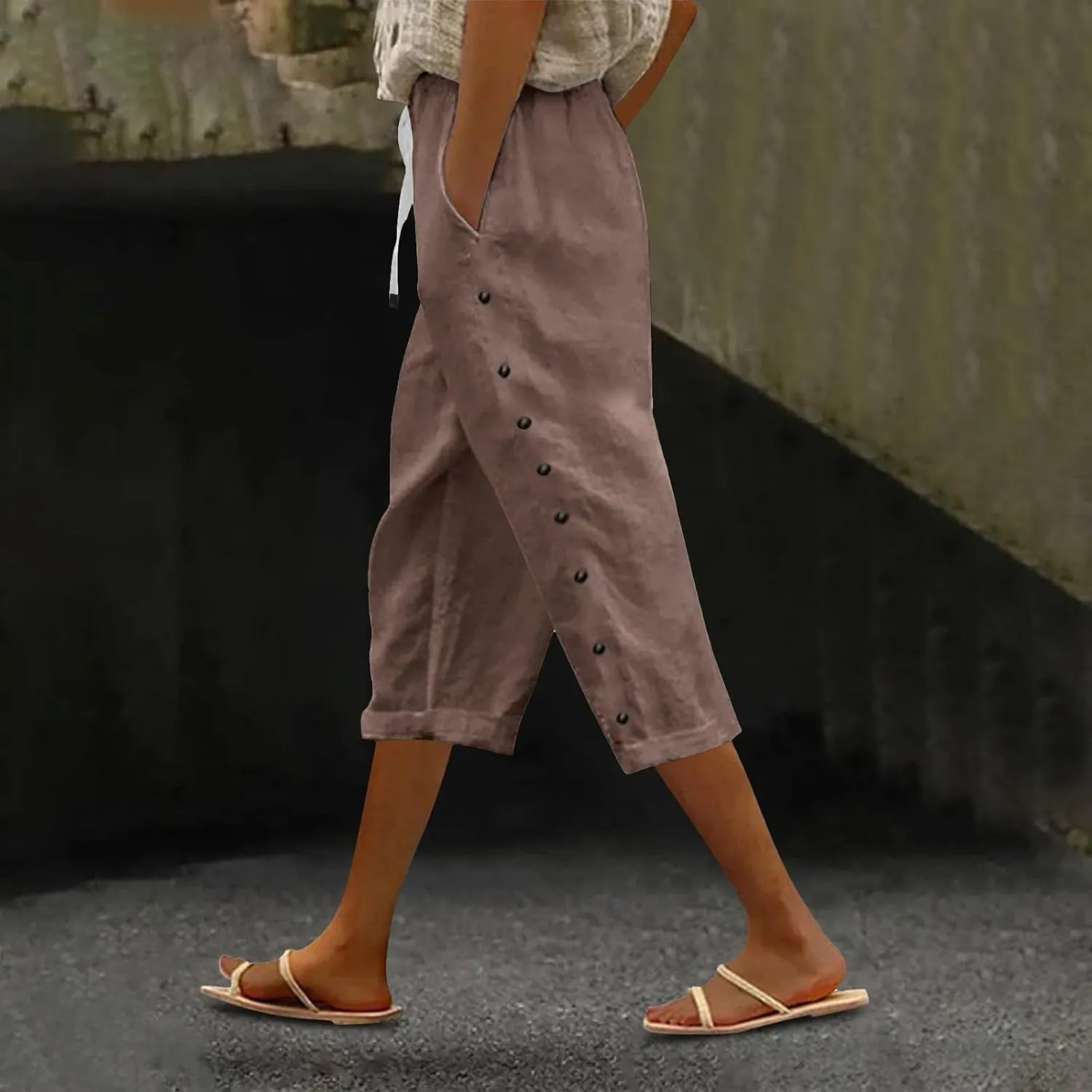Womens Striped Linen Capri Pants High Waist Lightweight Shorts Summer 2025 Casual Ladies Pinstripe Trousers