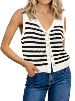 Womens Striped Sweater Vest Sleeveless Ribbed Tank Tops Color Block 2025 Trendy Button Down Shirts