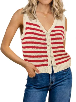 Womens Striped Sweater Vest Sleeveless Ribbed Tank Tops Color Block 2025 Trendy Button Down Shirts