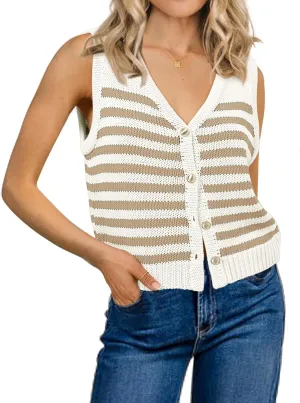 Womens Striped Sweater Vest Sleeveless Ribbed Tank Tops Color Block 2025 Trendy Button Down Shirts