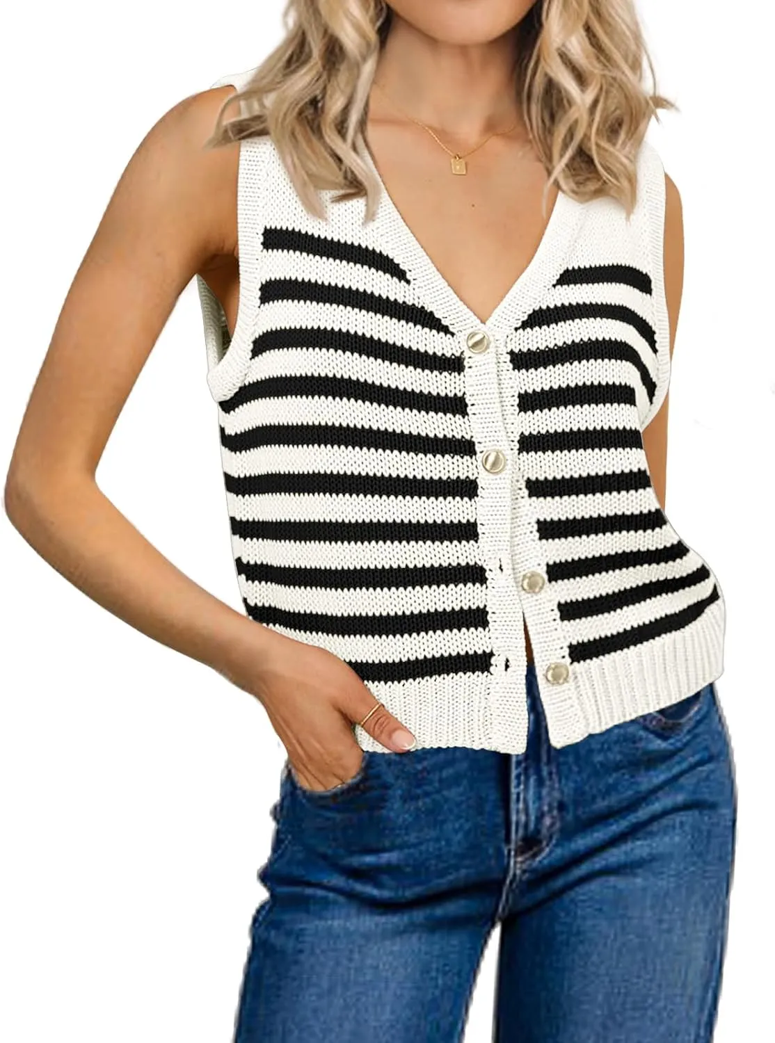 Womens Striped Sweater Vest Sleeveless Ribbed Tank Tops Color Block 2025 Trendy Button Down Shirts
