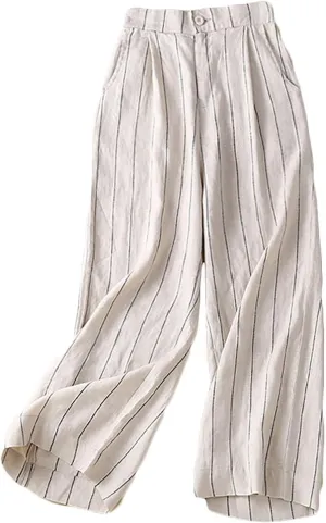 Womens Stripes Cotton Linen Pants, Summer Lightweight Boho Wide Leg High Waist Casual Lounge Trousers with Pockets New