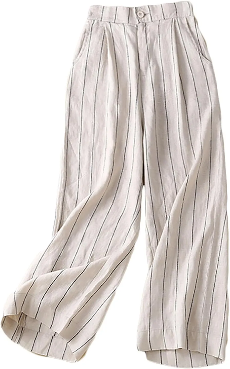 Womens Stripes Cotton Linen Pants, Summer Lightweight Boho Wide Leg High Waist Casual Lounge Trousers with Pockets New