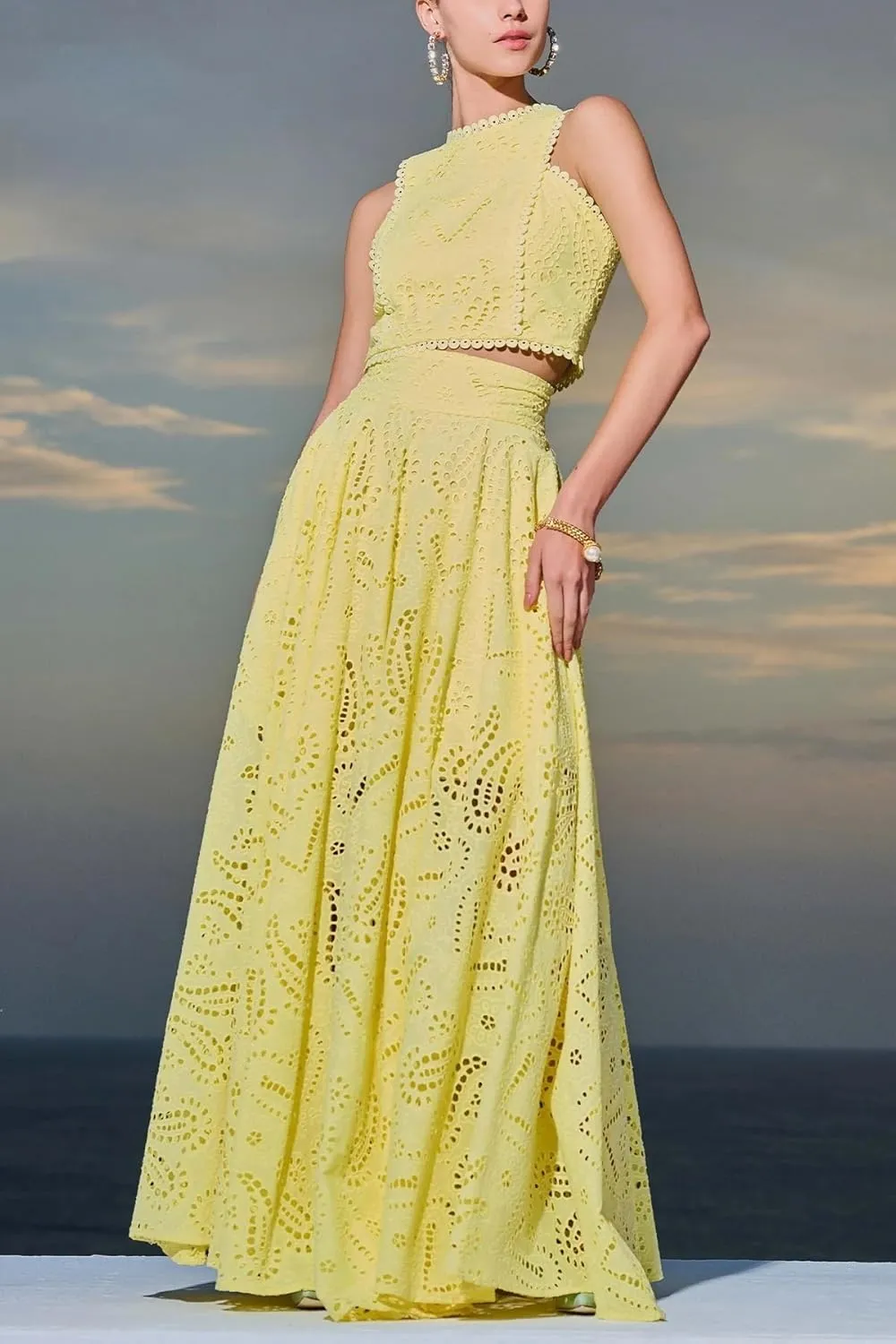 Women's Summer 2 Piece Outfits,Crop Tank Tops Long Skirt,Set Sleeveless Maxi Dress Nightclub Party Dress with Pocket Summer