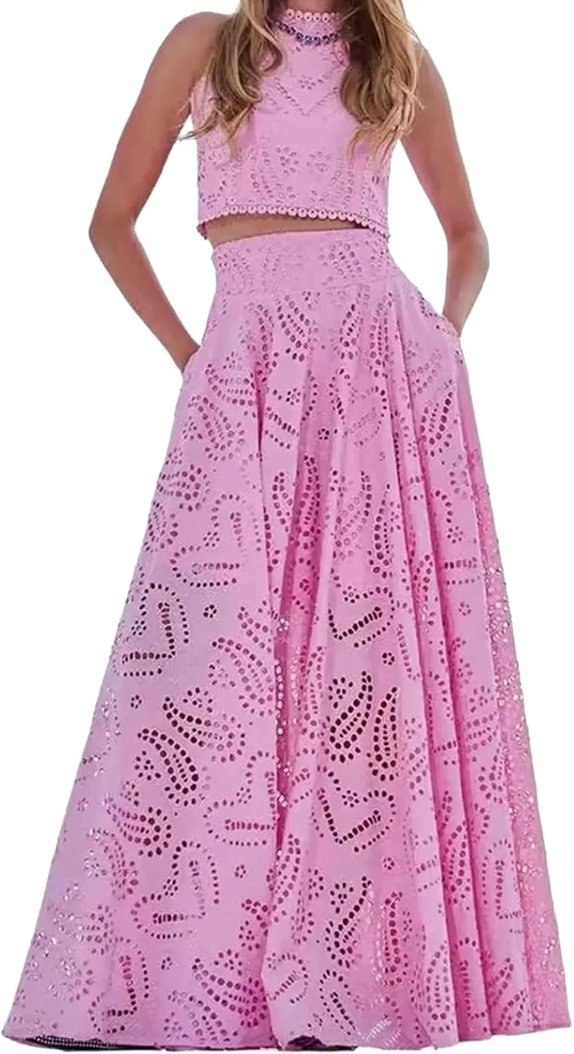 Women's Summer 2 Piece Outfits,Crop Tank Tops Long Skirt,Set Sleeveless Maxi Dress Nightclub Party Dress with Pocket Summer