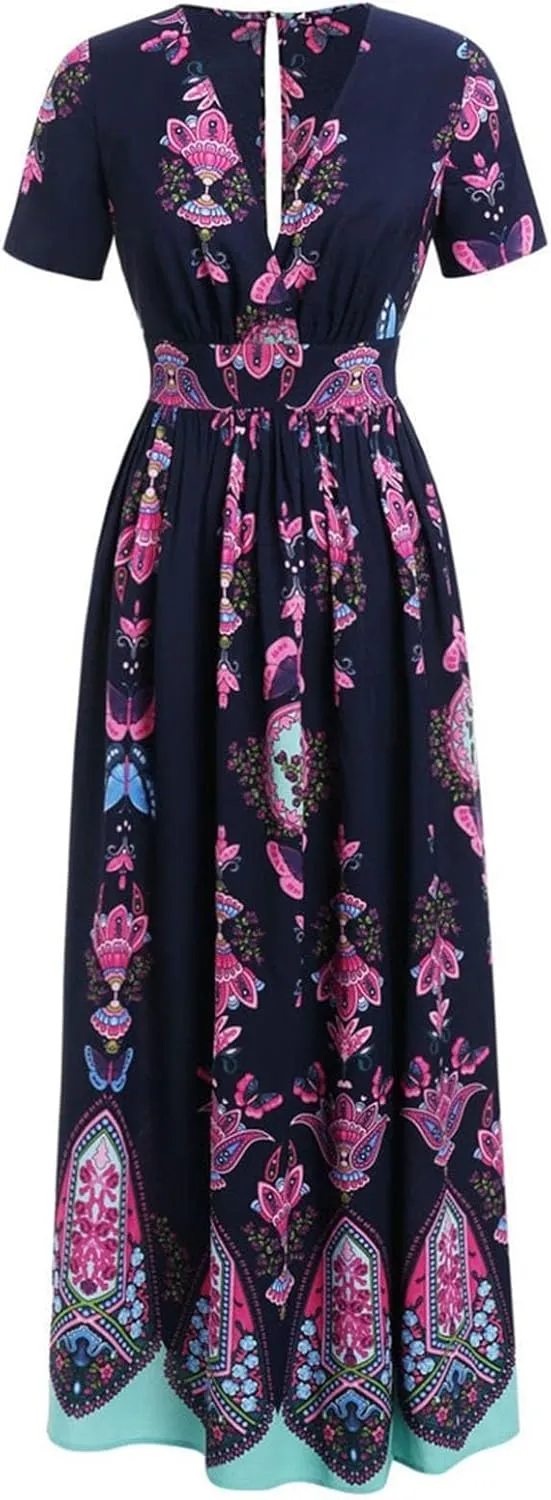 Women's Summer Bohemian Floral Print Split Beach Party Maxi Dress Wrap V Neck Short Sleeve Casual Long Dresses