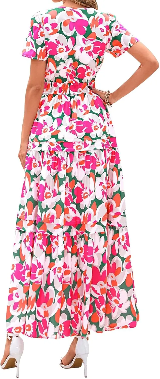 Womens Summer Boho Dress Casual V Neck Short Sleeve Maxi Dress A Line Tiered Ruffle Flowy Vacation Beach Dresses