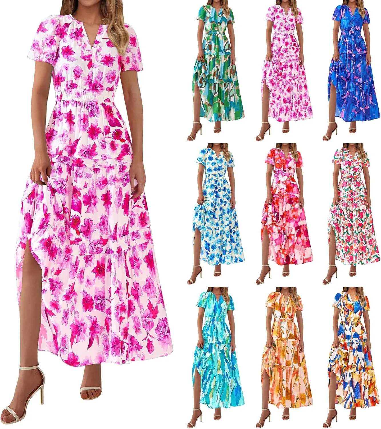 Womens Summer Boho Dress Casual V Neck Short Sleeve Maxi Dress A Line Tiered Ruffle Flowy Vacation Beach Dresses