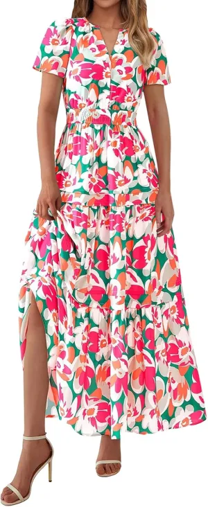 Womens Summer Boho Dress Casual V Neck Short Sleeve Maxi Dress A Line Tiered Ruffle Flowy Vacation Beach Dresses
