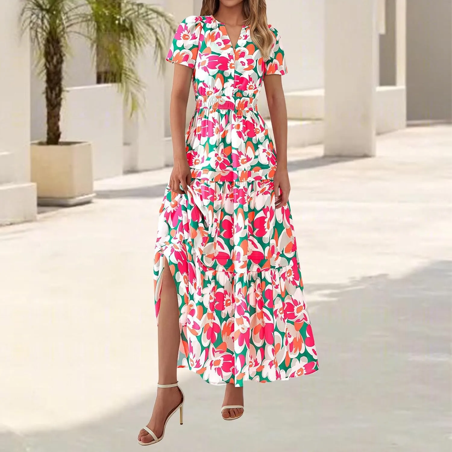 Womens Summer Boho Dress Casual V Neck Short Sleeve Maxi Dress A Line Tiered Ruffle Flowy Vacation Beach Dresses