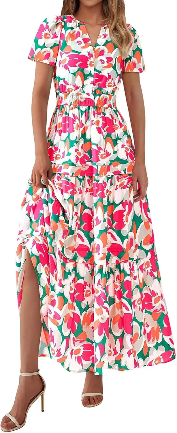 Womens Summer Boho Dress Casual V Neck Short Sleeve Maxi Dress A Line Tiered Ruffle Flowy Vacation Beach Dresses