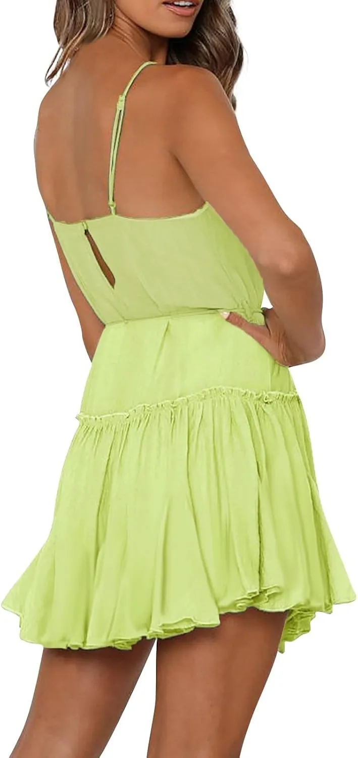 Women's Summer Boho Sleeveless Dress Spaghetti Straps Casual Flowy A Line Beach Party V Neck Ruffle Elegant Dresses