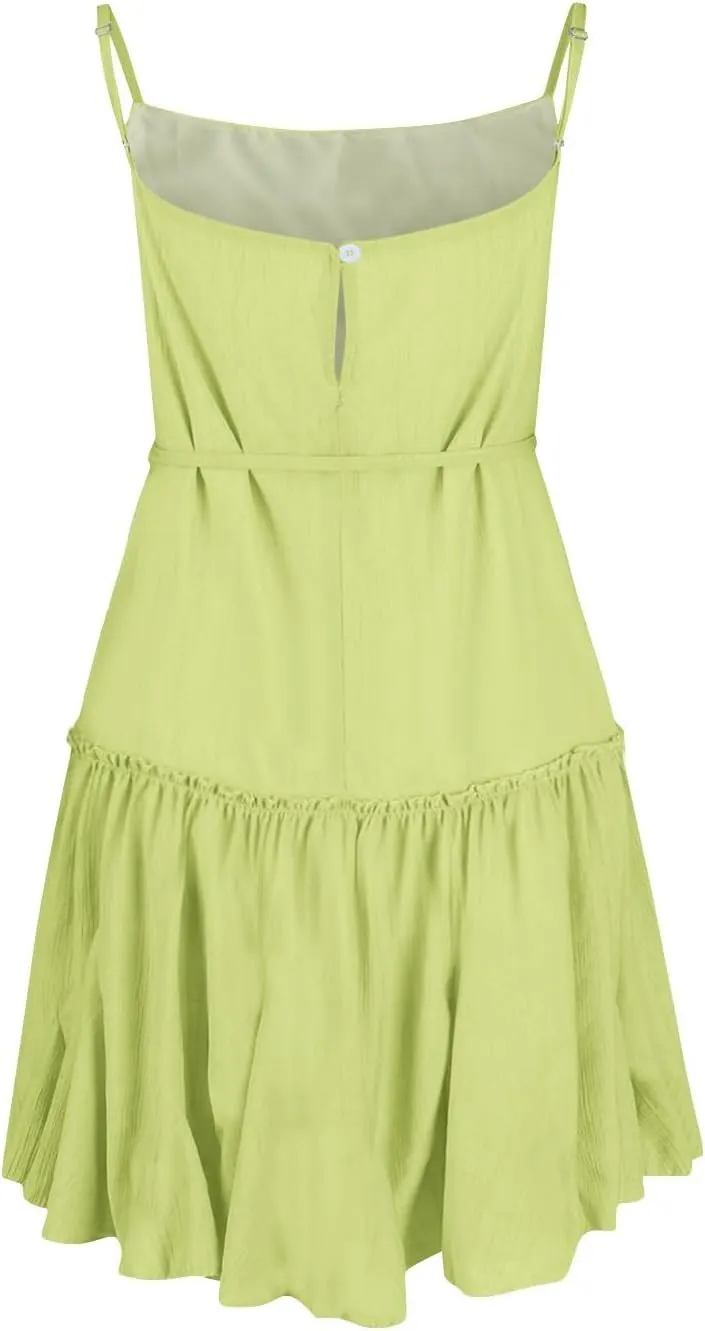 Women's Summer Boho Sleeveless Dress Spaghetti Straps Casual Flowy A Line Beach Party V Neck Ruffle Elegant Dresses