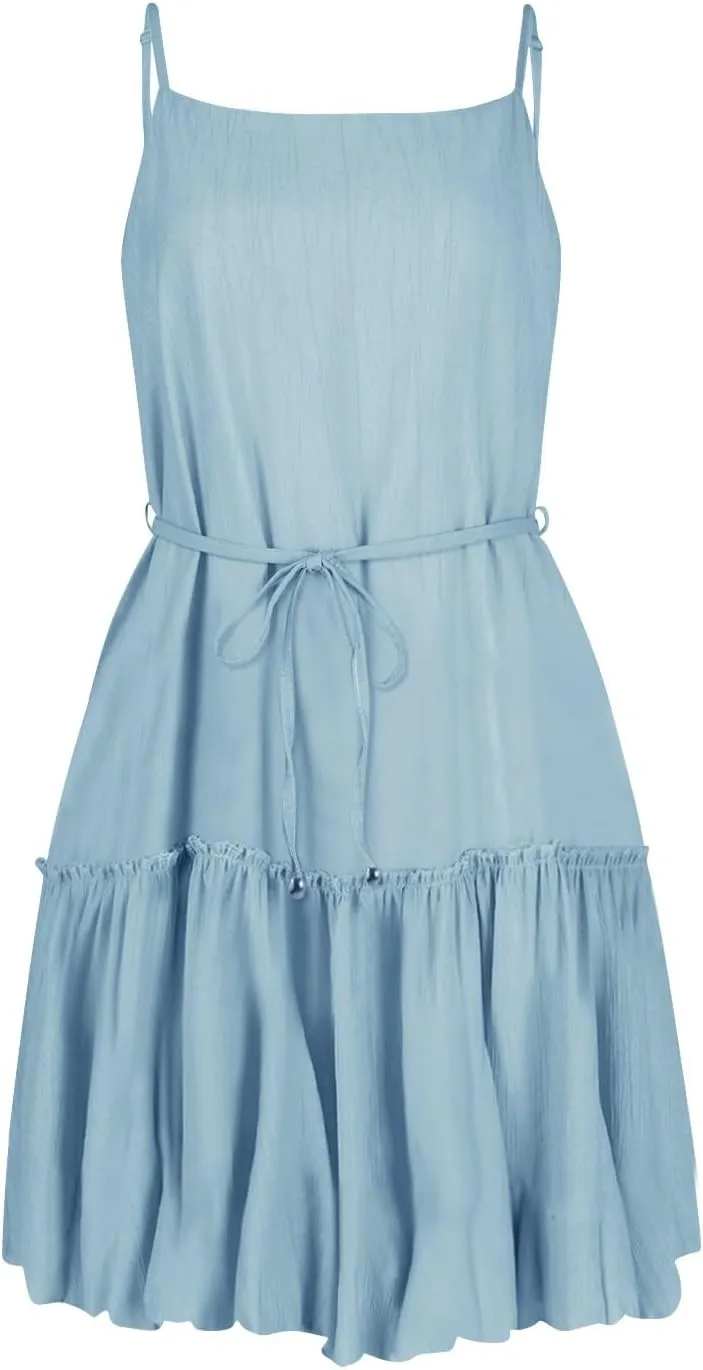 Women's Summer Boho Sleeveless Dress Spaghetti Straps Casual Flowy A Line Beach Party V Neck Ruffle Elegant Dresses