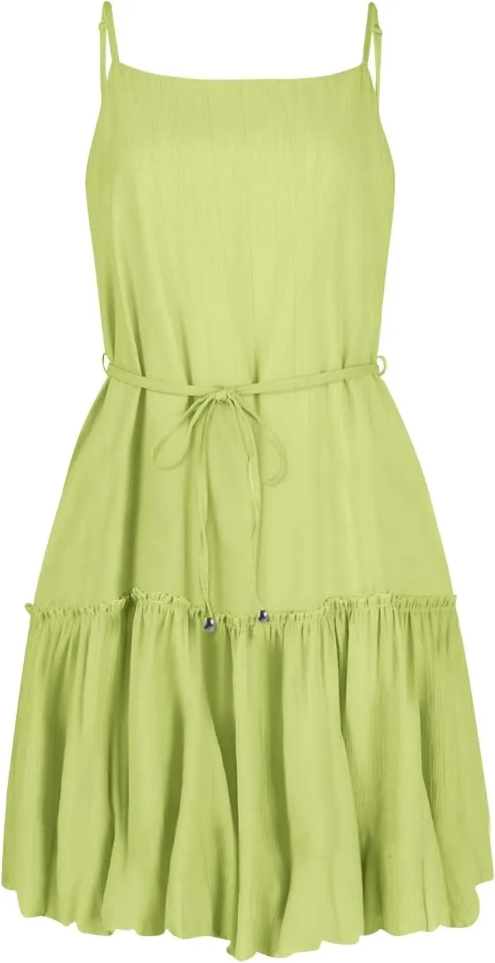 Women's Summer Boho Sleeveless Dress Spaghetti Straps Casual Flowy A Line Beach Party V Neck Ruffle Elegant Dresses