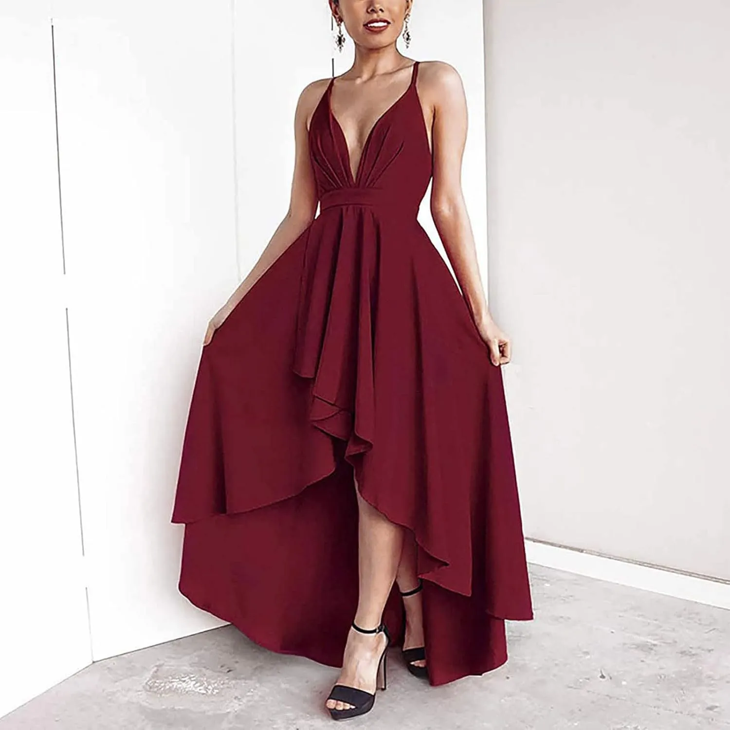 Women's Summer Casual Boho Long Dresses Spaghetti Strap Deep V Neck Flowy Sexy Backless Bandage Banquet Dresses