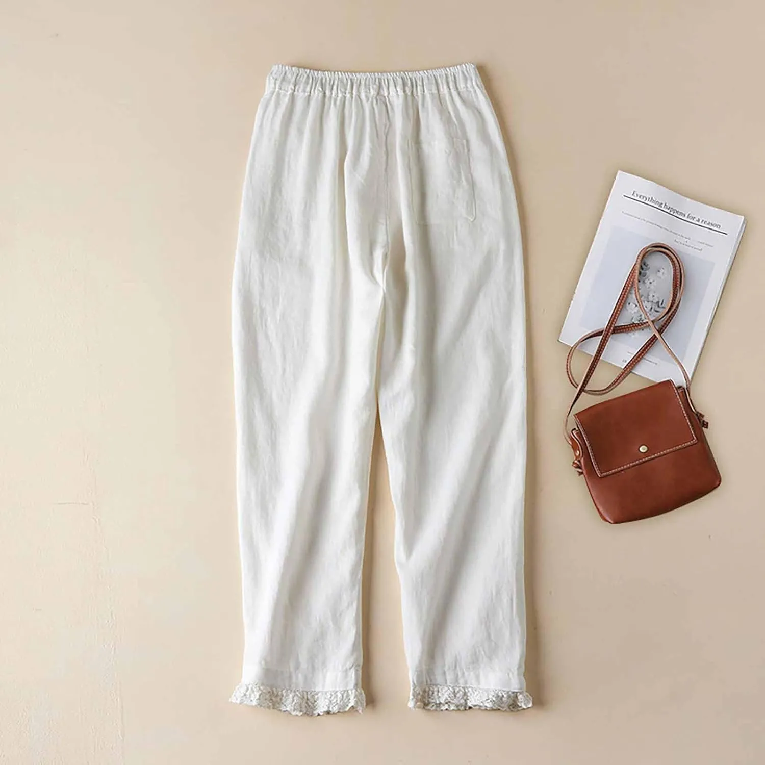 Women's Summer Cotton Linen Pants Solid Color Lace Trim Casual Pants Lounge Loose Beach Trousers Slacks with Pockets