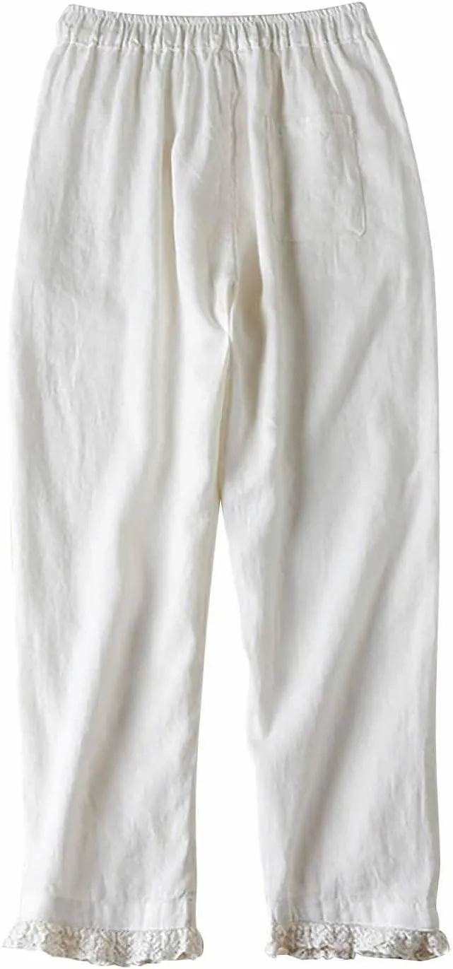 Women's Summer Cotton Linen Pants Solid Color Lace Trim Casual Pants Lounge Loose Beach Trousers Slacks with Pockets