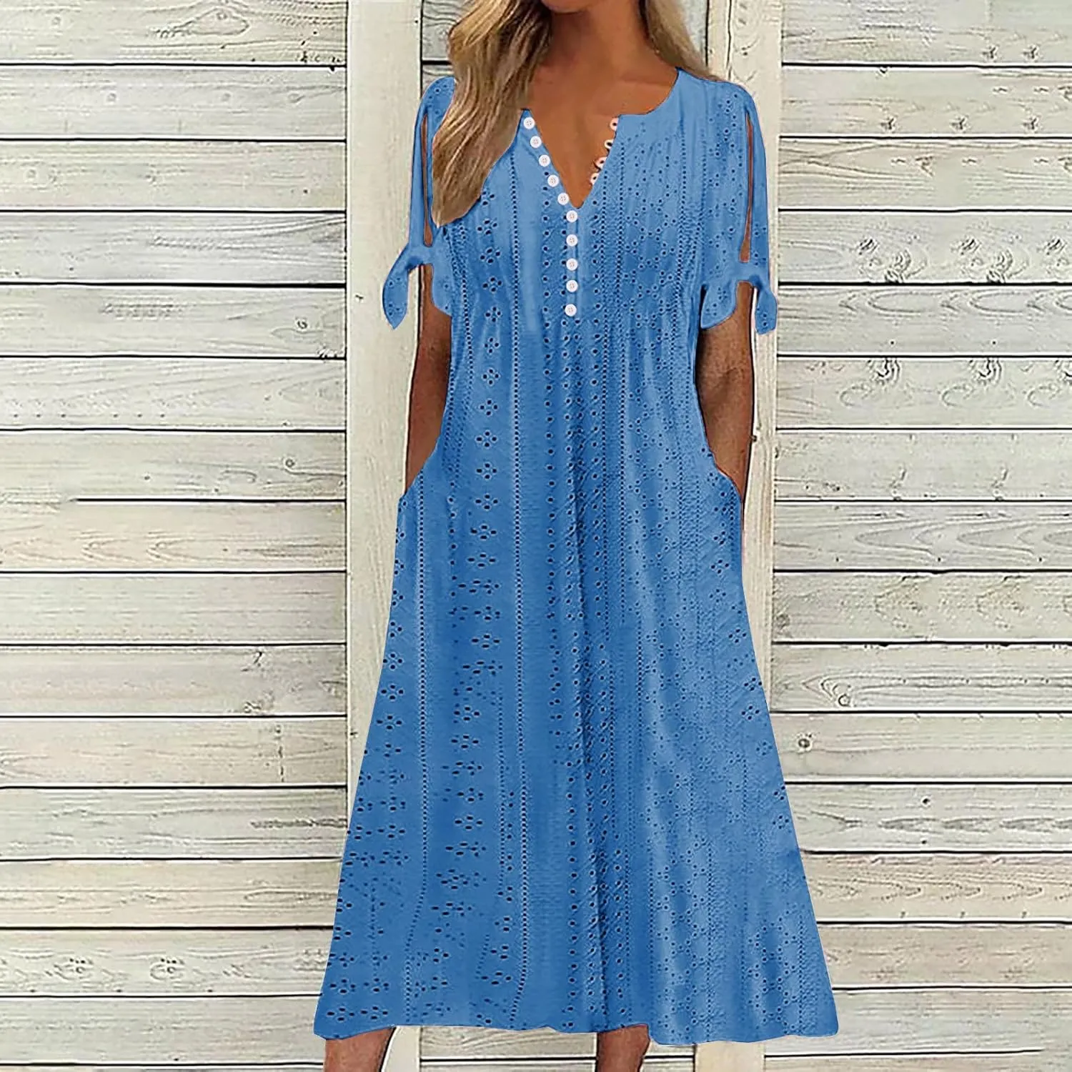 Womens Summer Dresses Casual Eyelet Boho Maxi Dress Flowy Button V-Neck Beach Sundress Trendy Long Dress with Pockets