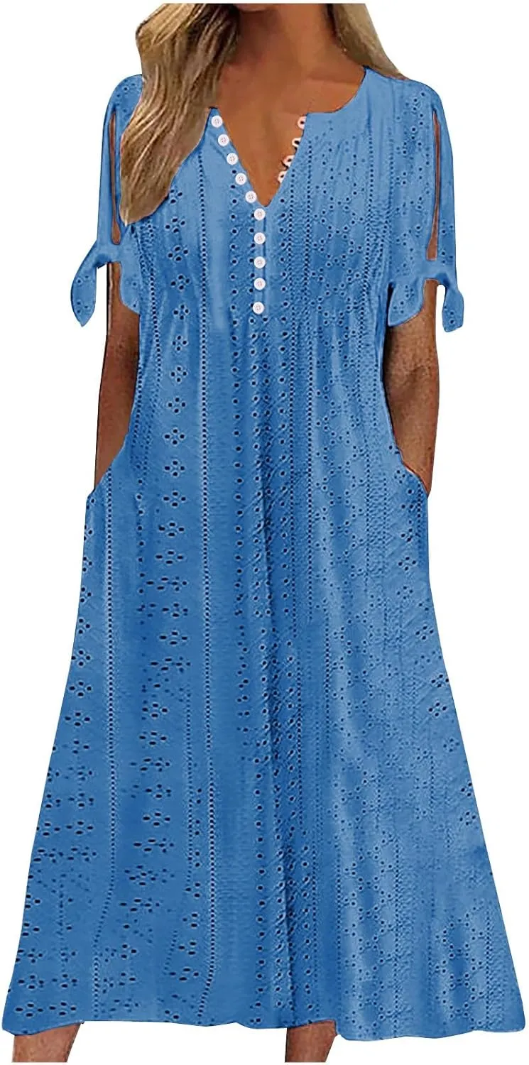 Womens Summer Dresses Casual Eyelet Boho Maxi Dress Flowy Button V-Neck Beach Sundress Trendy Long Dress with Pockets