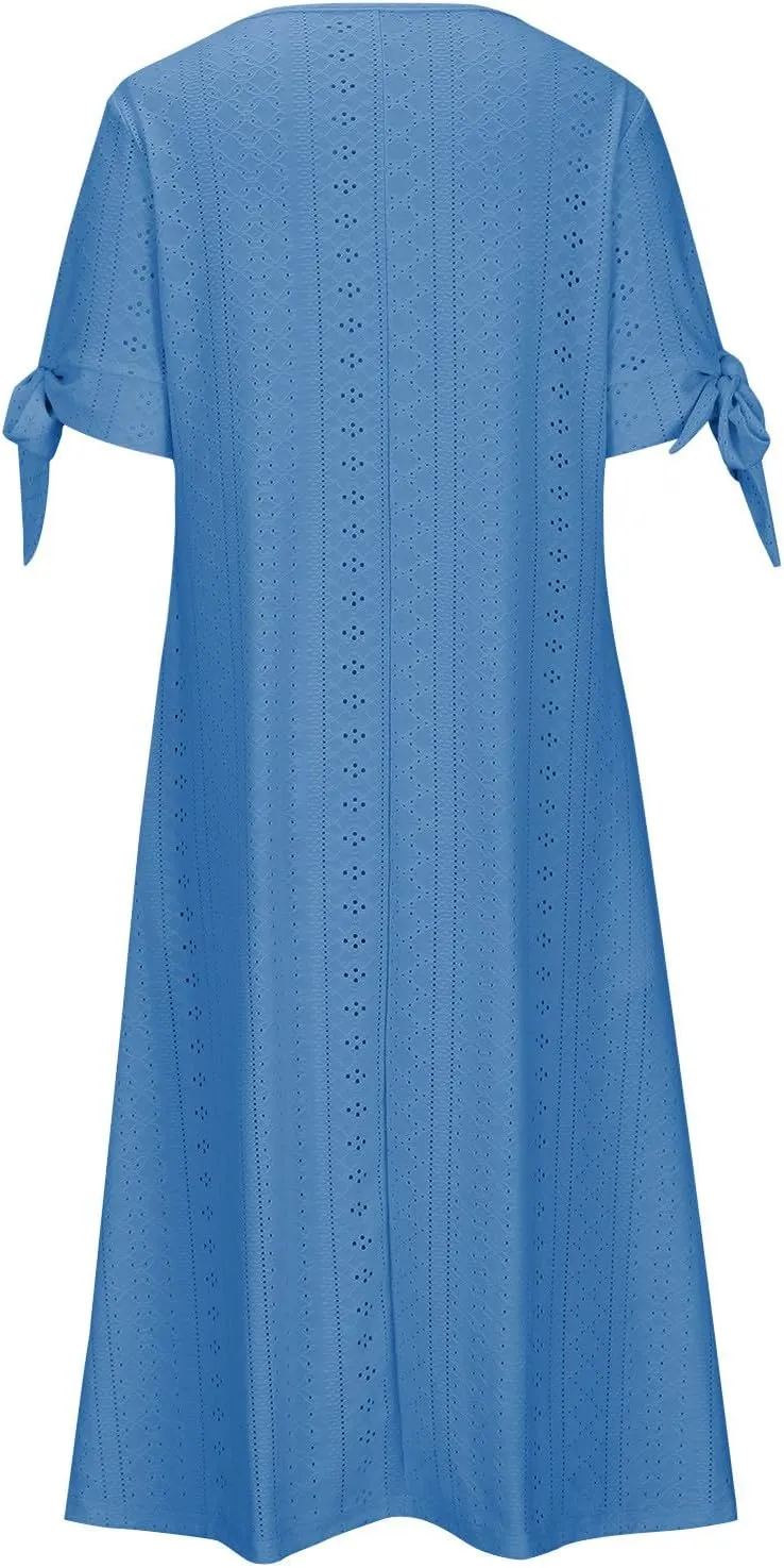 Womens Summer Dresses Casual Eyelet Boho Maxi Dress Flowy Button V-Neck Beach Sundress Trendy Long Dress with Pockets