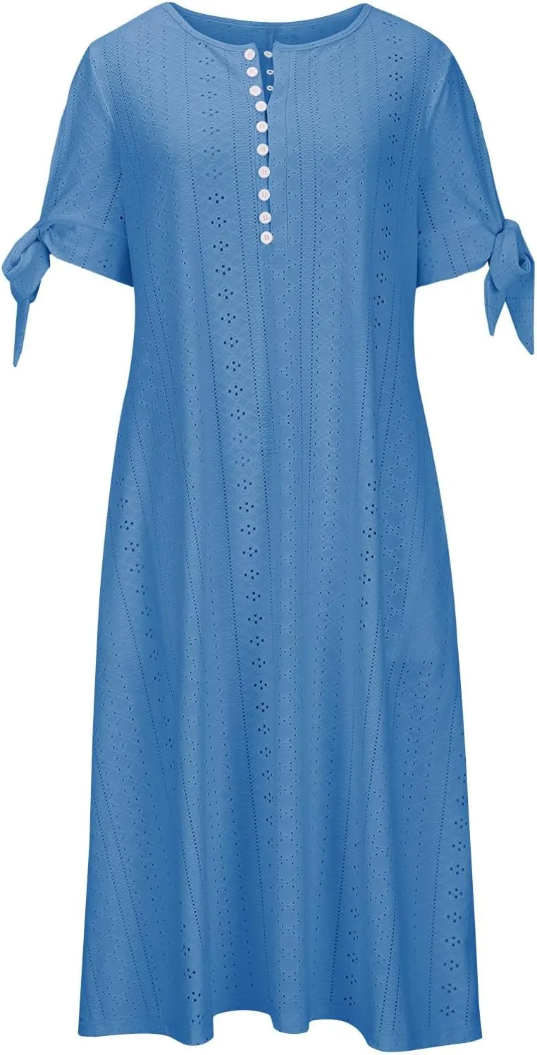 Womens Summer Dresses Casual Eyelet Boho Maxi Dress Flowy Button V-Neck Beach Sundress Trendy Long Dress with Pockets