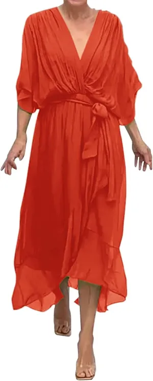 Women's Summer Dresses Casual Long Lantern Sleeve V Neck Ruffle High Waist Tie Waist Plus Size Dress for Women Casual