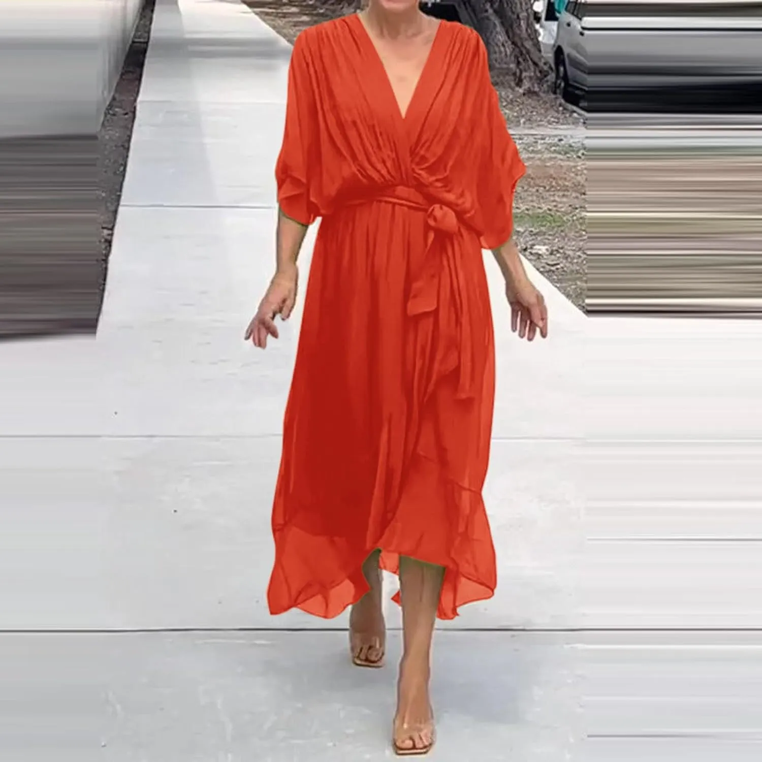 Women's Summer Dresses Casual Long Lantern Sleeve V Neck Ruffle High Waist Tie Waist Plus Size Dress for Women Casual