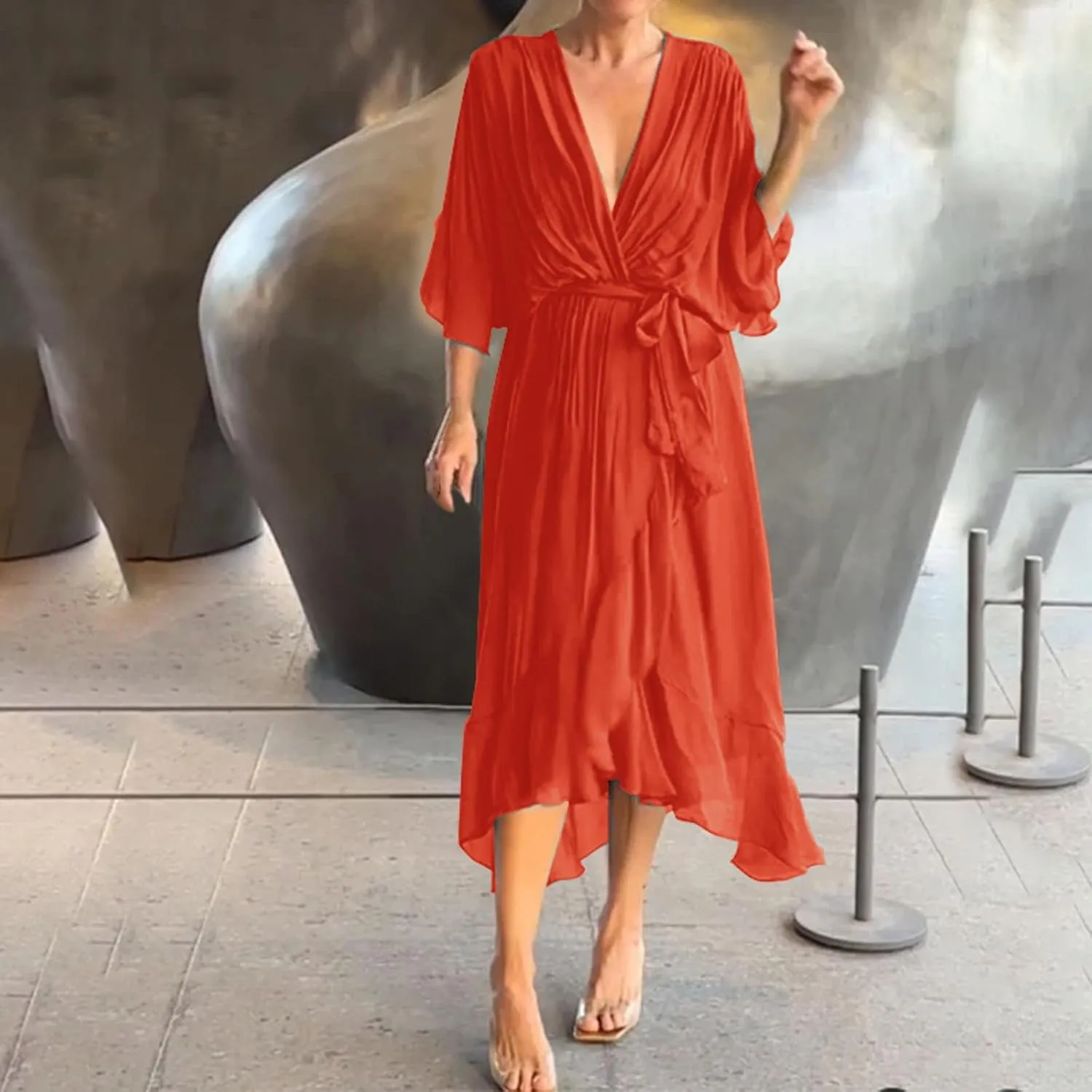 Women's Summer Dresses Casual Long Lantern Sleeve V Neck Ruffle High Waist Tie Waist Plus Size Dress for Women Casual