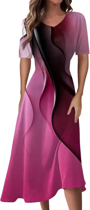Womens Summer Dresses Short Sleeve V Neck T Shirt Dress Elegant Vintage Dresses Plus Size Casual Cocktail Dresses