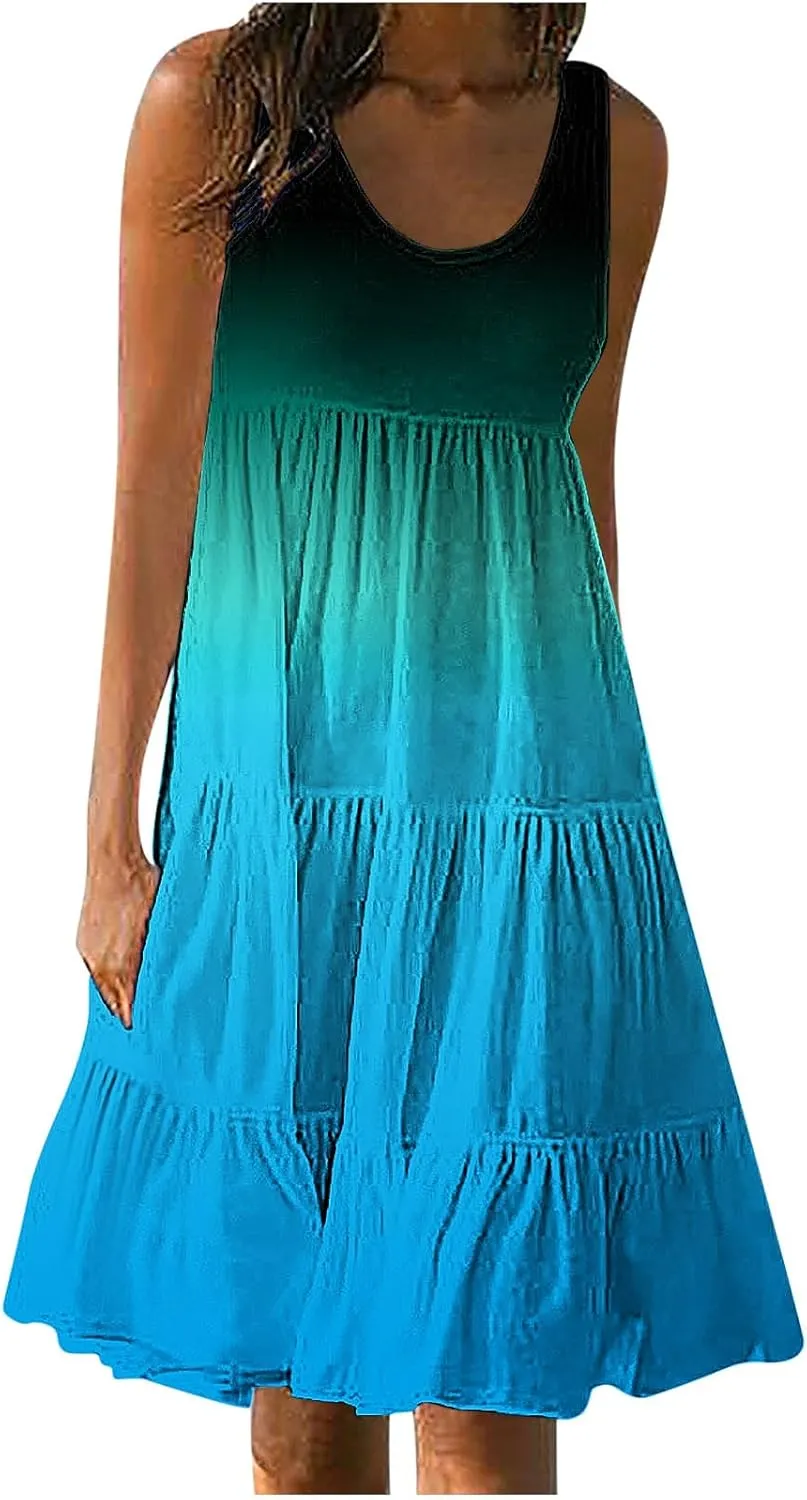Womens Summer Dresses Sleeveless midi Dress Spaghetti Strap Sundress Ruffles Casual Loose Boho Floral T Shirt Dress