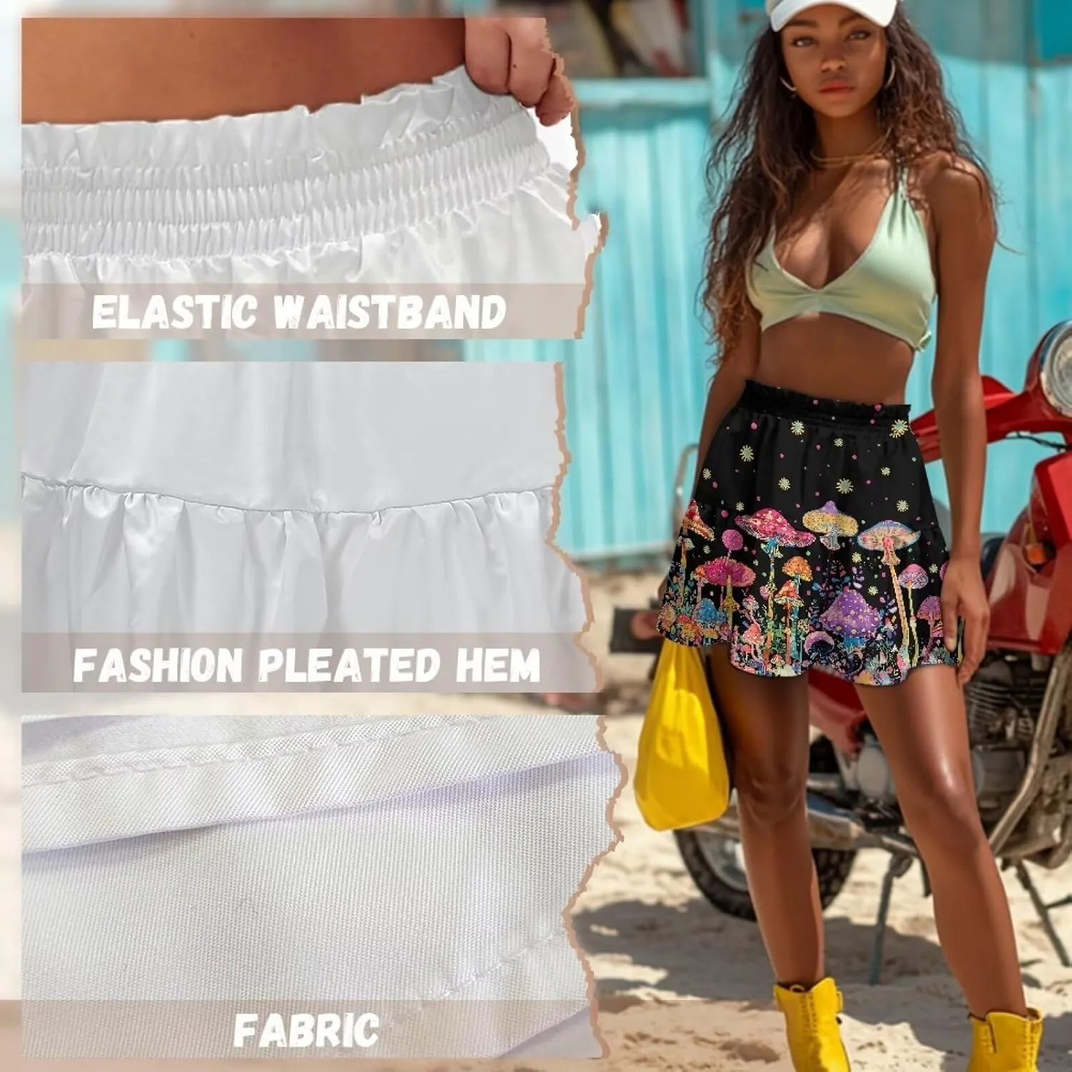 Women's Summer Flared Ruffle Skirt Mini Skirt Soft Stretchy High Waist A-Line Pleated Flowy Beach Swing Skirt XS-XL
