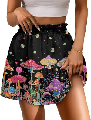 Women's Summer Flared Ruffle Skirt Mini Skirt Soft Stretchy High Waist A-Line Pleated Flowy Beach Swing Skirt XS-XL