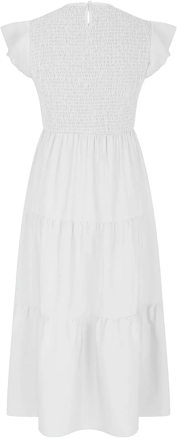 Women's Summer Flowy Midi Dress Casual Cap Sleeve Crew Neck Smocked Beach Dress High Waist Tiered A-Line Sundress