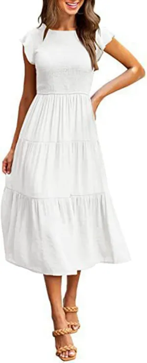 Women's Summer Flowy Midi Dress Casual Cap Sleeve Crew Neck Smocked Beach Dress High Waist Tiered A-Line Sundress
