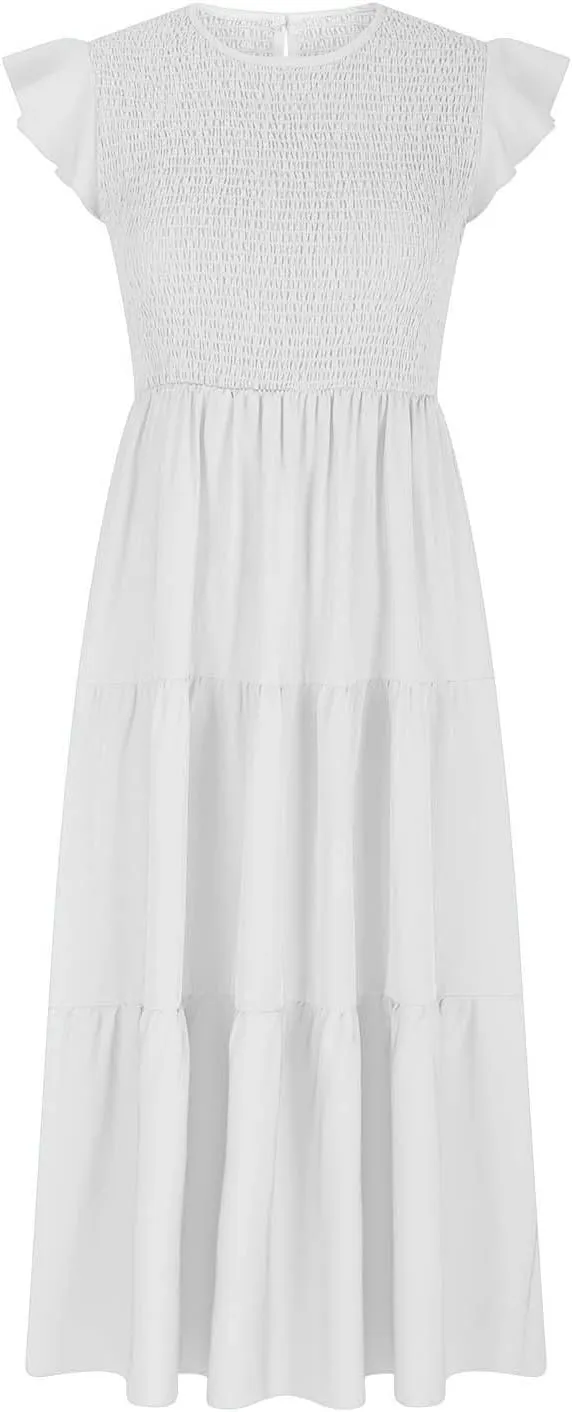 Women's Summer Flowy Midi Dress Casual Cap Sleeve Crew Neck Smocked Beach Dress High Waist Tiered A-Line Sundress
