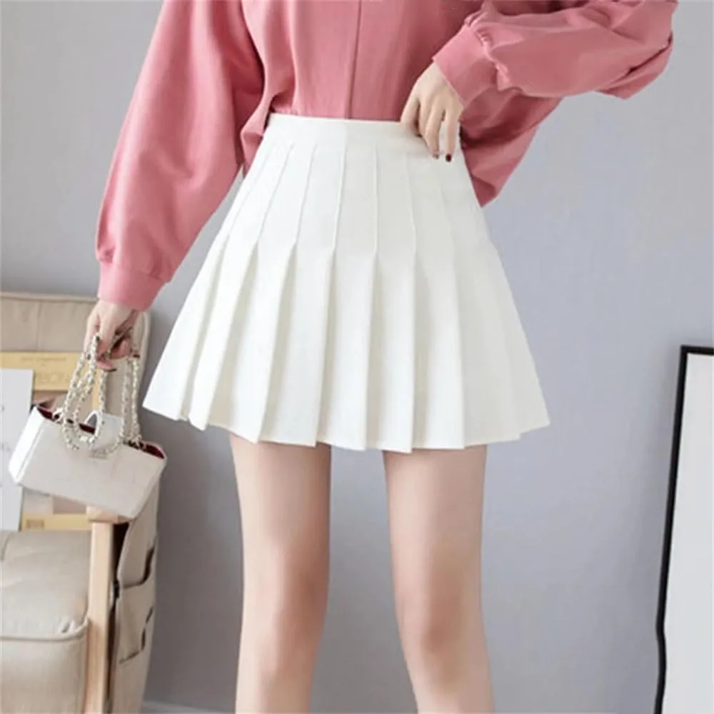 Women's Summer High Waist School Sexy Mini Skirt Short Pleated Solid Color Kawaii Skirt