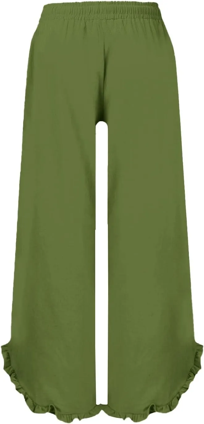 Womens Summer Linen Pant Waisted Elastic Drawstring Pants Pure Color Casual Beach Trousers with Pockets