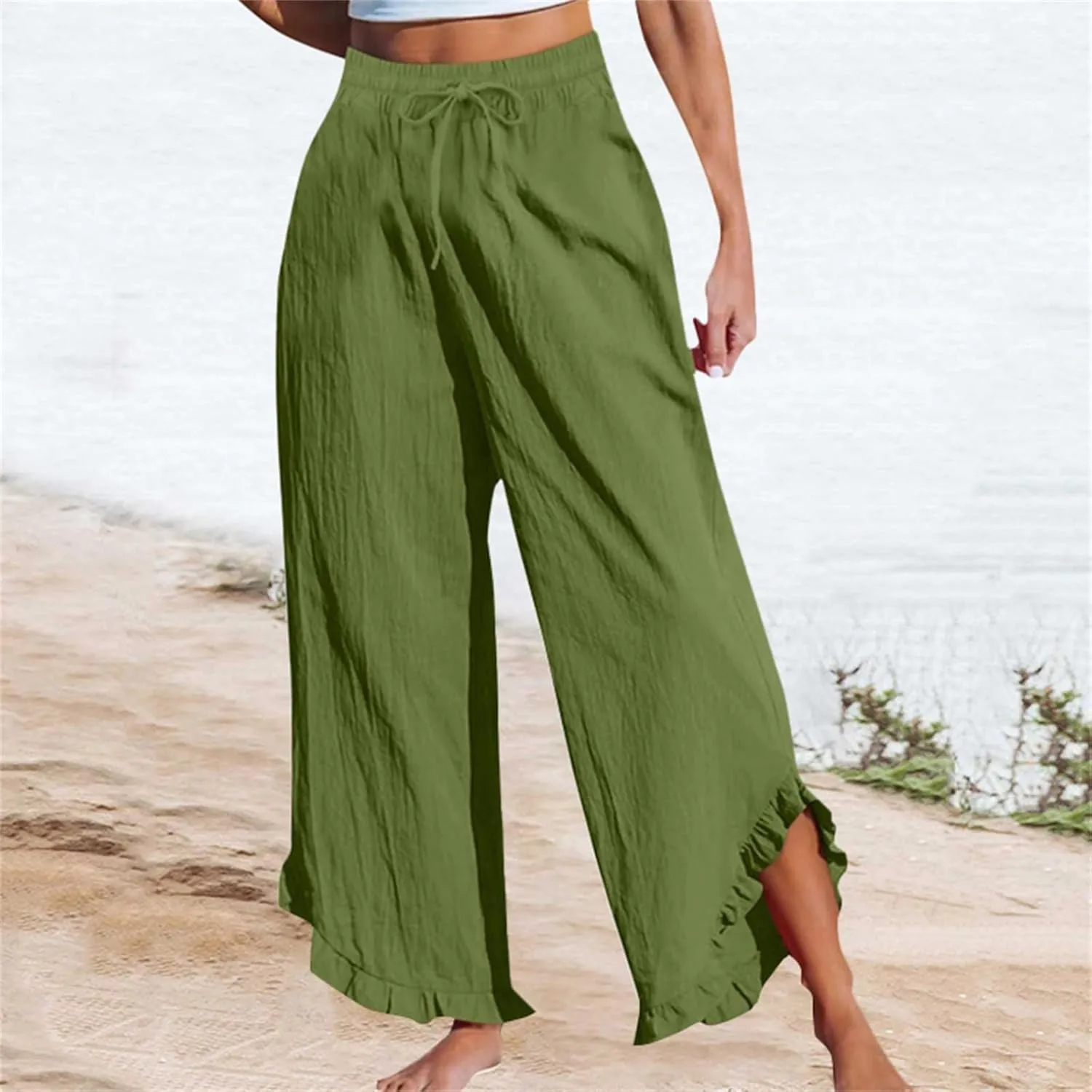 Womens Summer Linen Pant Waisted Elastic Drawstring Pants Pure Color Casual Beach Trousers with Pockets
