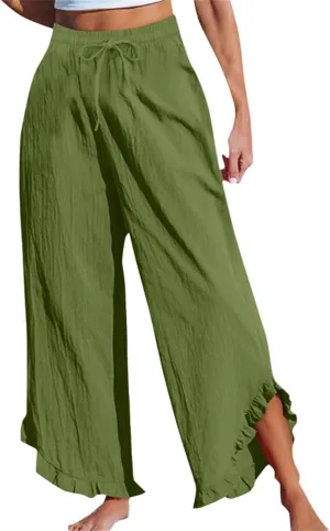 Womens Summer Linen Pant Waisted Elastic Drawstring Pants Pure Color Casual Beach Trousers with Pockets