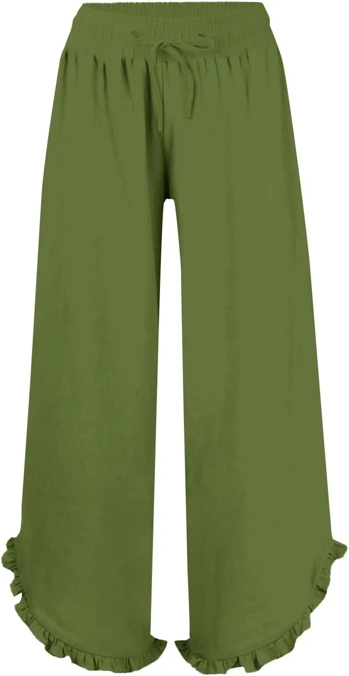 Womens Summer Linen Pant Waisted Elastic Drawstring Pants Pure Color Casual Beach Trousers with Pockets
