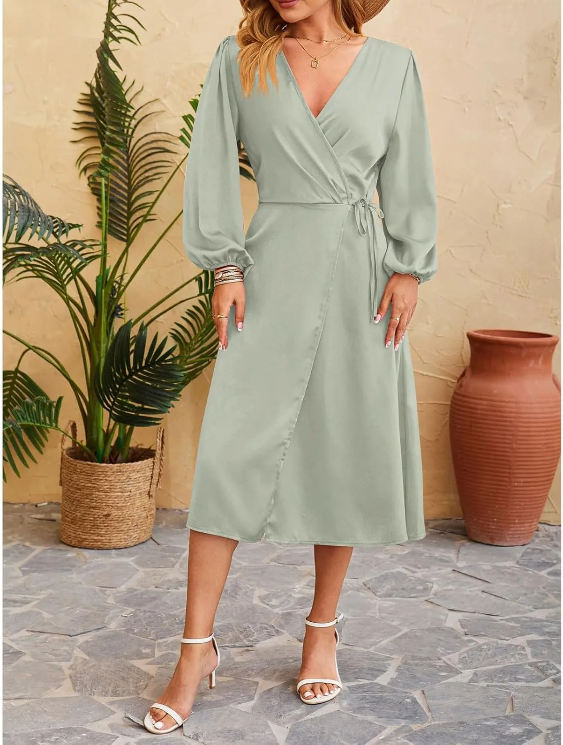 Women's Summer Maxi Dress Casual Boho Floral Wrap V Neck Short Sleeve Ruffle Hem Split Beach Long Dresses with Belt