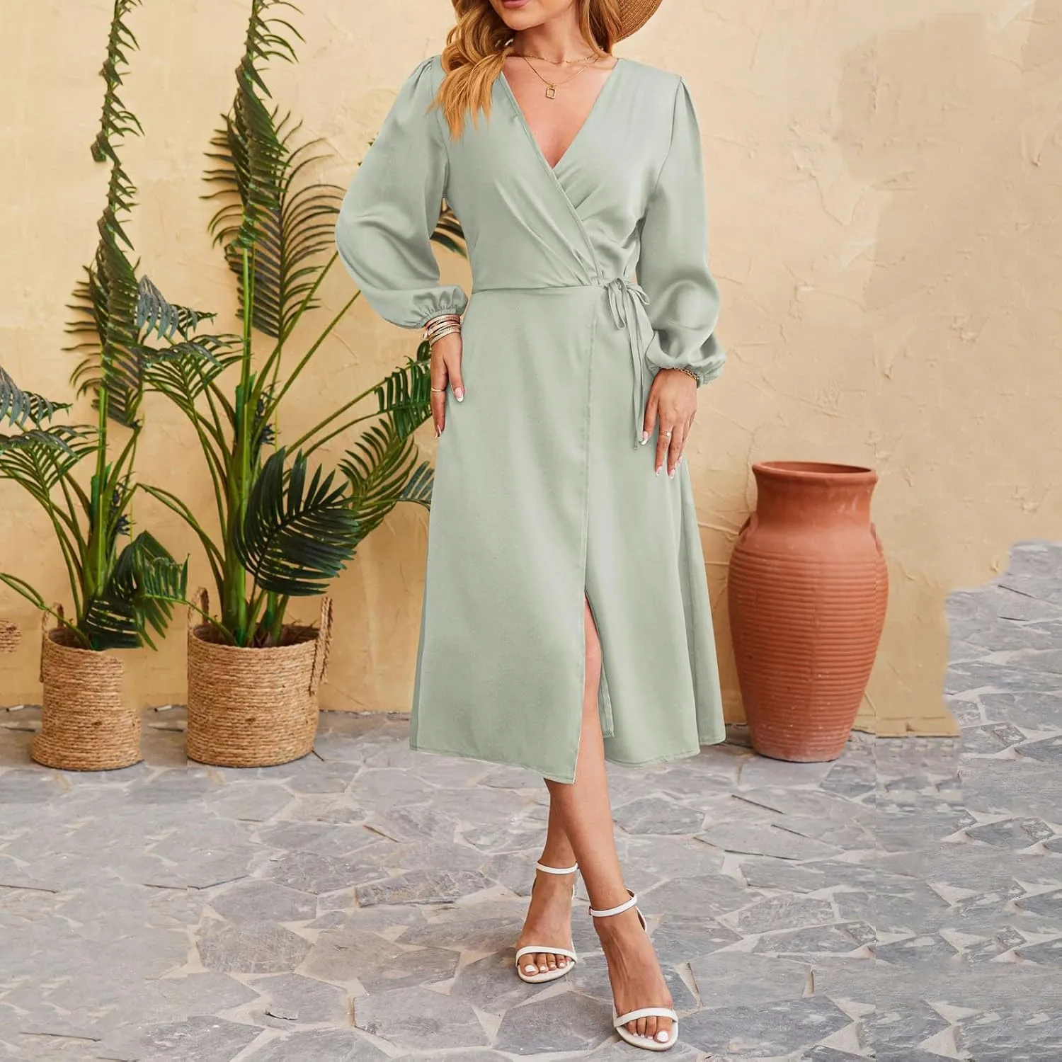 Women's Summer Maxi Dress Casual Boho Floral Wrap V Neck Short Sleeve Ruffle Hem Split Beach Long Dresses with Belt
